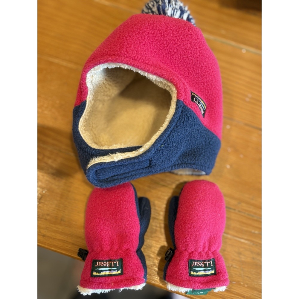 L.L. Bean Mountain Classic Fleece Hat & Mittens Set Infant 6-12 Mnths Hollyberry